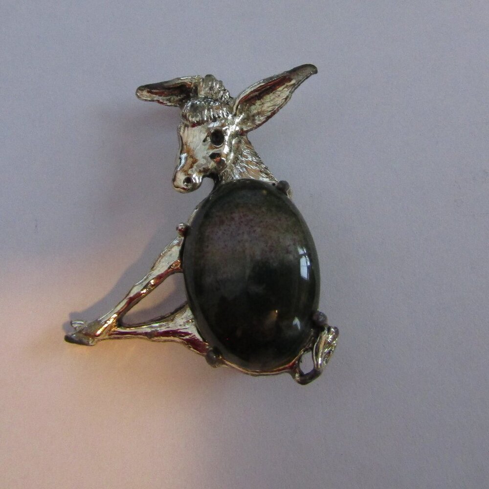 Vintage Sitting Donkey or Jackass PIN Greens/Browns Large Cabochon Belly Stone